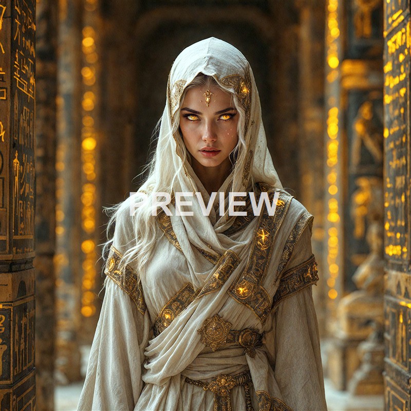 A woman with glowing golden eyes and long, wavy blonde hair, dressed in ornate, gold-embellished robes and a head covering, stands in an elaborately decorated corridor illuminated by warm, golden light.